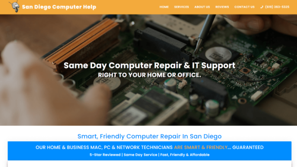 Landing page preview for San Diego Computer Help website.