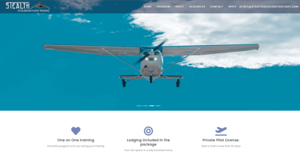 Landing page preview for Stealth Accelerated Flight Training website.